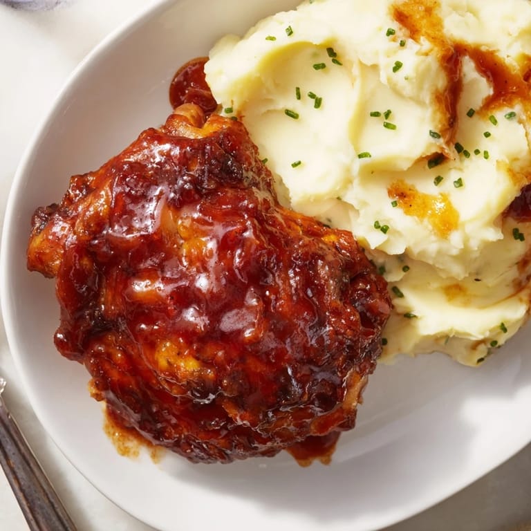Oven-baked Honey BBQ chicken thighs paired with fluffy garlic mashed potatoes for a comforting dinner.  