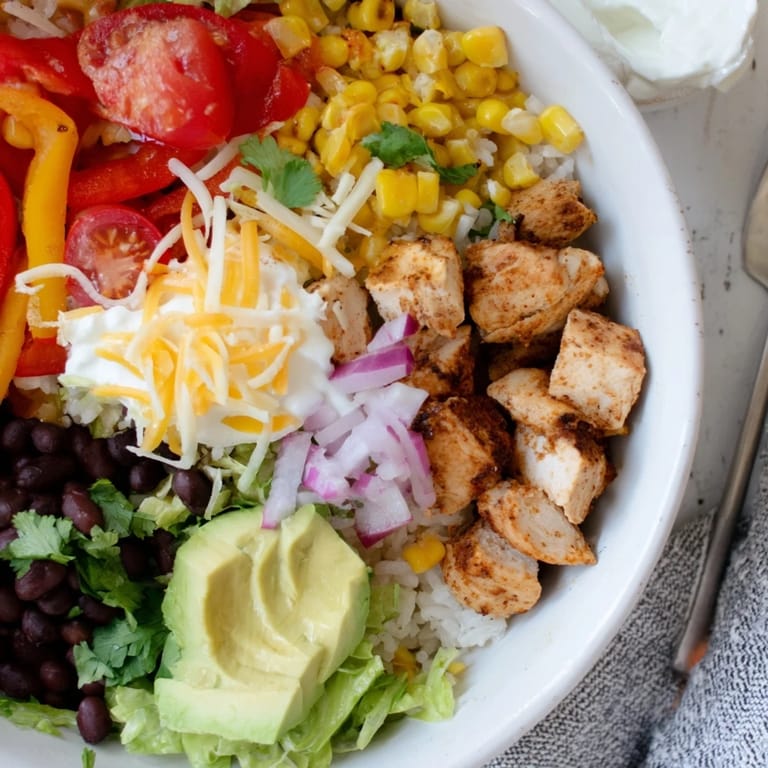 Delicious Sheet Pan Chicken Burrito Bowls loaded with spicy chicken and vibrant toppings.