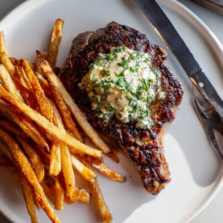 Tender Steakhouse Garlic Butter Steak served with fluffy fries and rich herb-infused butter.