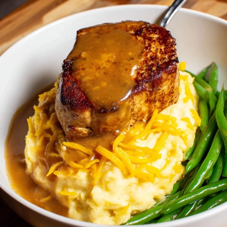Comforting Pork Chops & Cheddar Mash Bowl served with crisp green beans on the side.