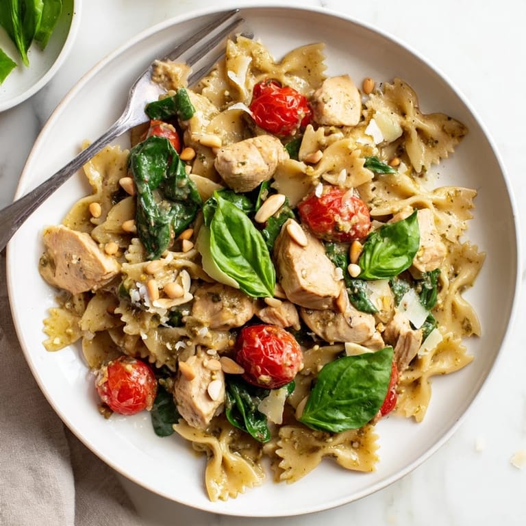 Flavorful Pesto Chicken Bowtie Pasta on a plate, ready for a cozy weeknight dinner.