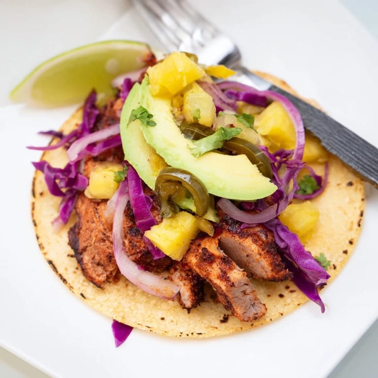 Savory Sweet & Spicy Pineapple Pork Tacos garnished with zesty cilantro and lime wedges.  