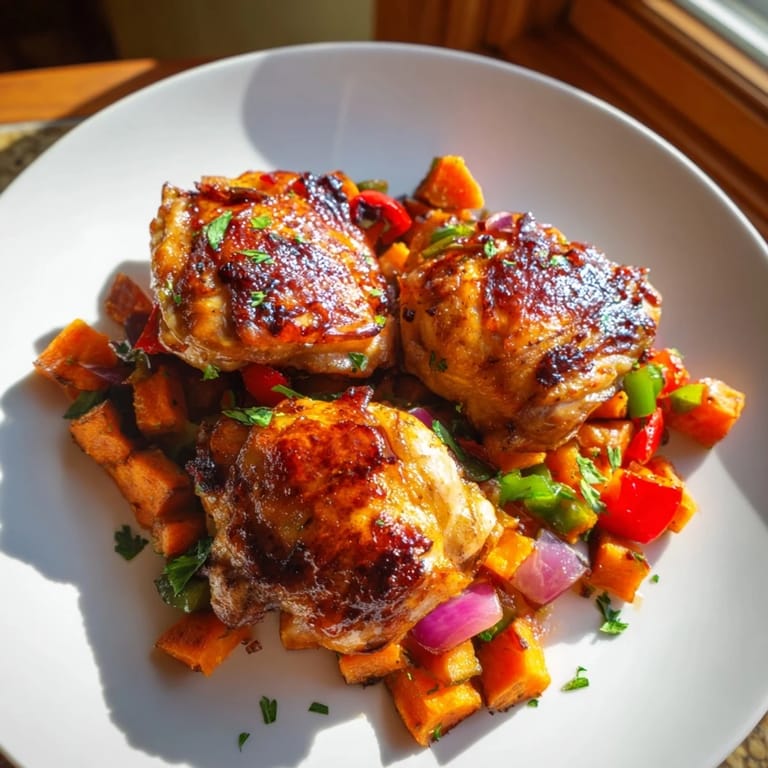 Delicious maple bourbon chicken paired with colorful sweet potato hash for a cozy meal.