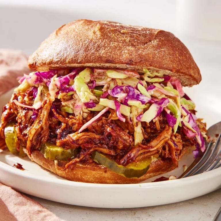 Hearty BBQ Jackfruit Pulled Pork Sandwiches bursting with flavor and vibrant coleslaw.