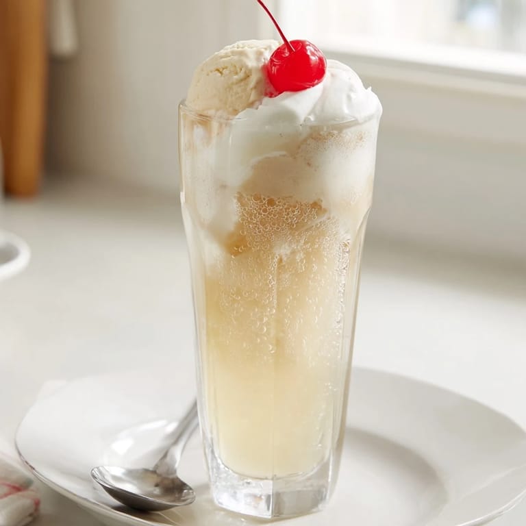 Enjoy a decadent Homemade Cream Soda Float! Vanilla ice cream floats in fizzy, rosy-hued soda.