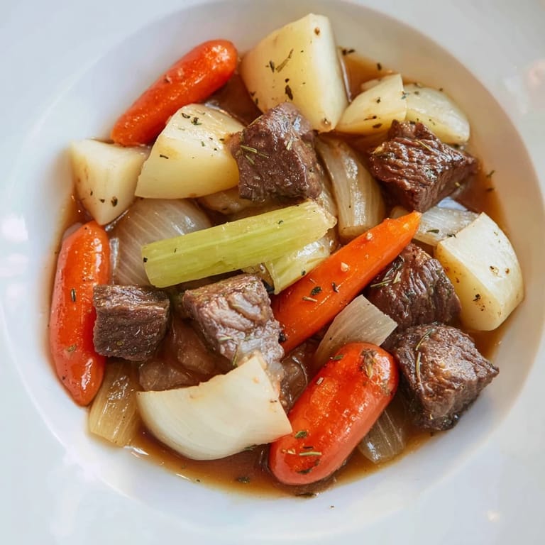 The rich aroma of slow-cooked Comfort Crockpot Beef Stew, featuring juicy beef and hearty root vegetables.