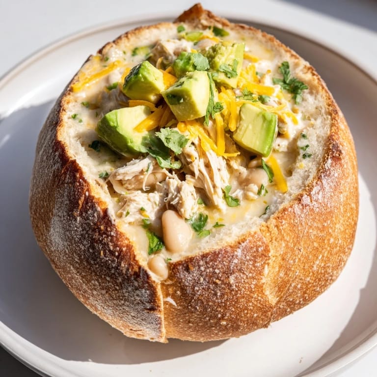 A comforting photo of a creamy white chicken chili served in a crispy sourdough bowl.