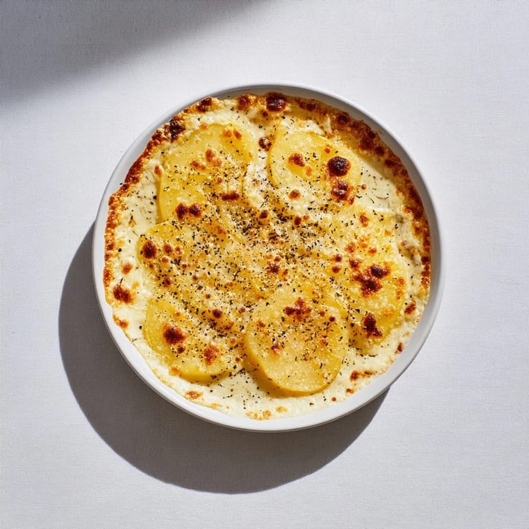 Savory kombu-infused creamy potato gratin, baked to perfection with melted cheese, a comforting dish.