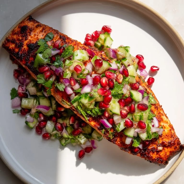 Close-up of baked Cajun spiced salmon showcasing the rich flavors of the pomegranate salsa.