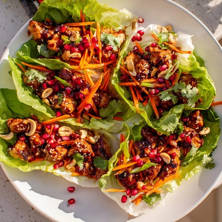 Juicy, gleaming Korean BBQ chicken served in fresh lettuce cups, ready to devour immediately.
