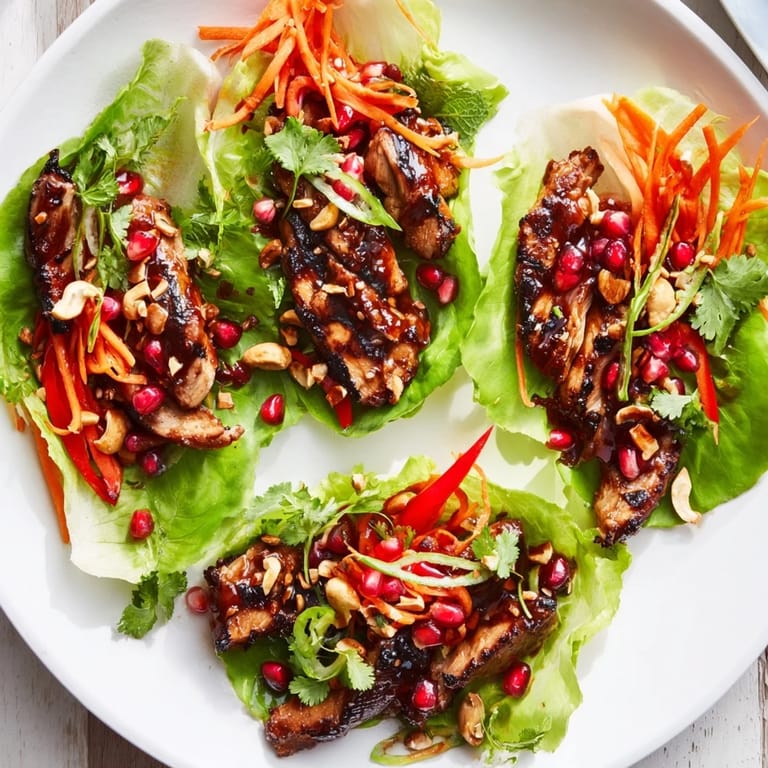 Vibrant platter of Korean BBQ Chicken Lettuce Wraps with pomegranate seeds, offering a festive taste.