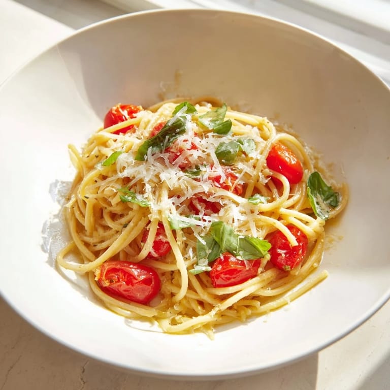 A vibrant photo: creamy Lazy-Girl Pasta tossed with ripe tomatoes and a sprinkle of Parmesan on top.