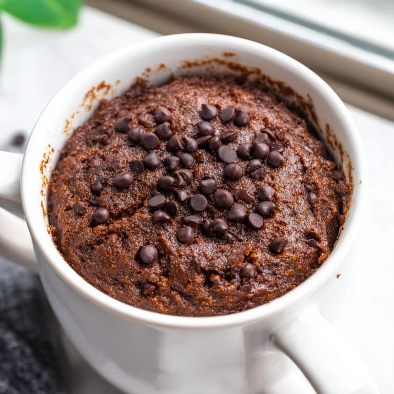 A steaming mug of rich, dark chocolate Microwaved Mug Cake, a quick and satisfying dessert treat.