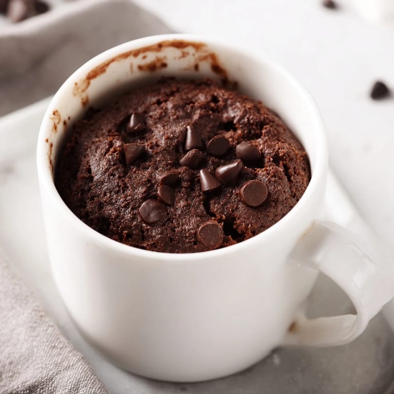 Fluffy, chocolatey Microwaved Mug Cake, perfect for a late-night craving, topped with optional nuts.