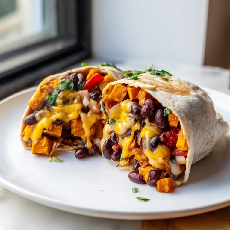 Warm, toasted sweet potato & black bean breakfast burrito ready for a flavorful vegetarian breakfast or brunch.