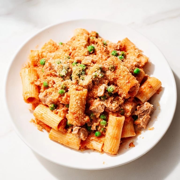 Close-up shot shows a bubbling, cheesy tuna pasta bake with flavorful, rich textures.