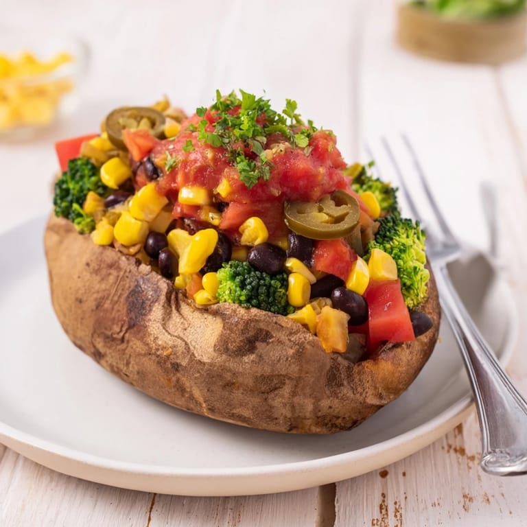 A vibrant photo shows a fully customized baked potato bar with various toppings, ready to enjoy.