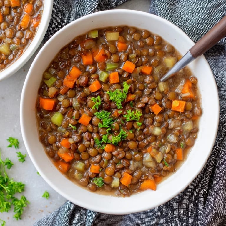 Enjoy a comforting bowl of Lentil Soup brimming with vibrant carrots and fresh celery.