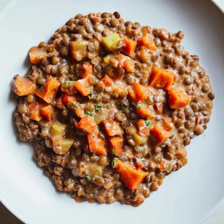 A close-up of a bowl of delicious Creamy Tomato Basil Lentil Bolognese, a hearty vegan meal.