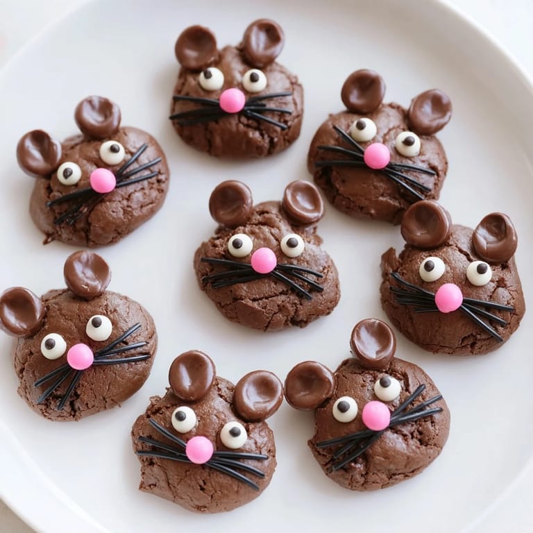 Warm, freshly baked Silly Rat Cake Brownie Bites, with tiny chocolate chip eyes and licorice tails.