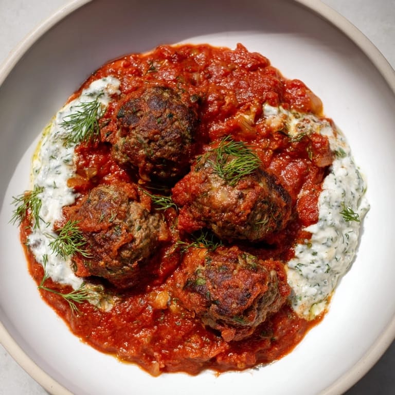 A close-up of tender Instant Pot Greek Meatballs and a dollop of feta-lemon sauce, ready to eat.
