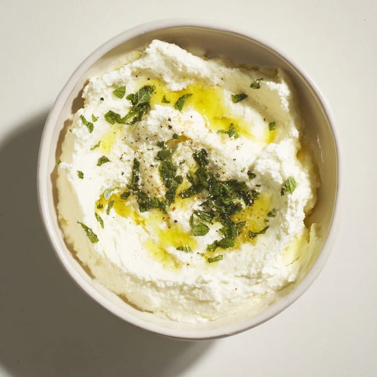 Bright photo of Whipped Feta Dip showcasing the tanginess, drizzled with colorful lemon-mint.