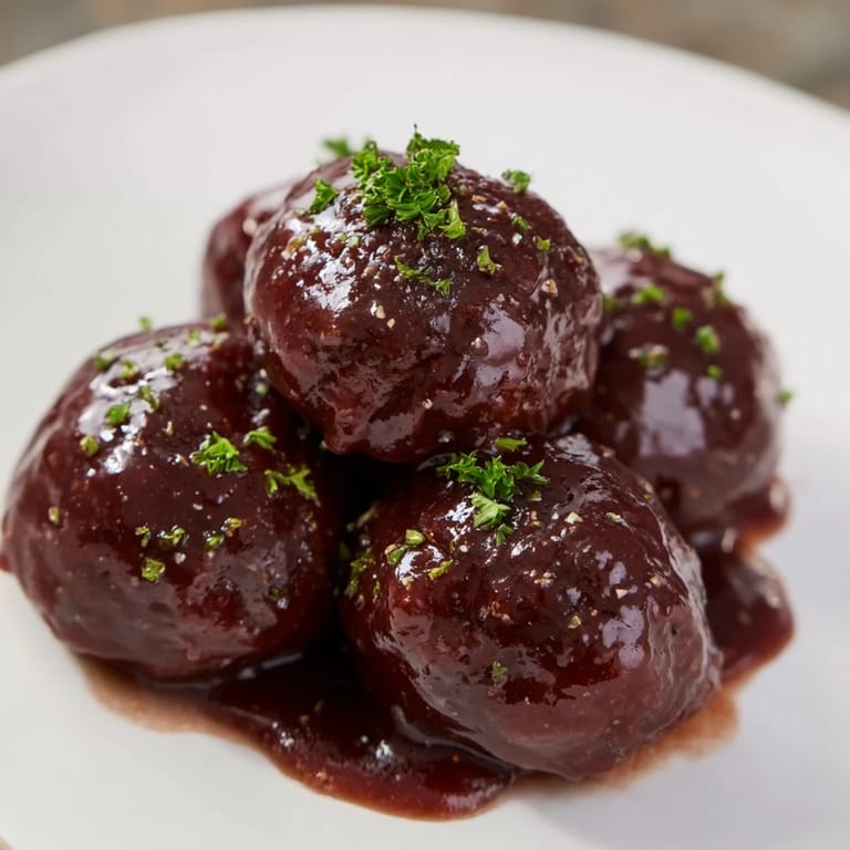 A close-up shot of juicy cherry BBQ meatballs, an easy slow cooker appetizer bursting with flavor.