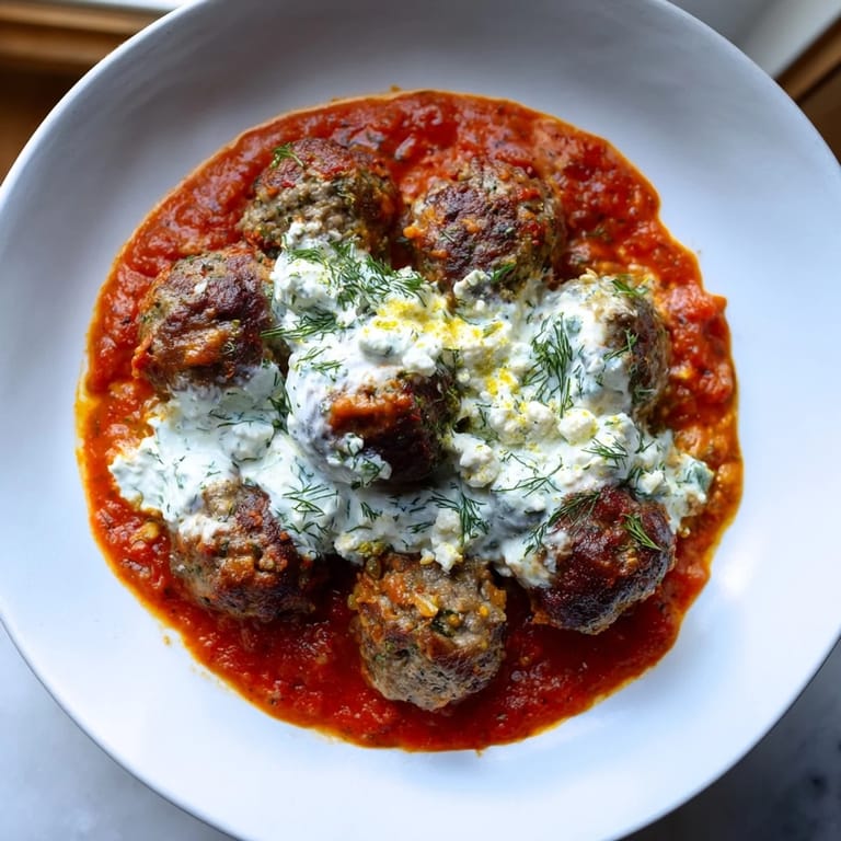 Creamy lemon-feta sauce generously topping flavorful Instant Pot Greek Meatballs, ready to eat.