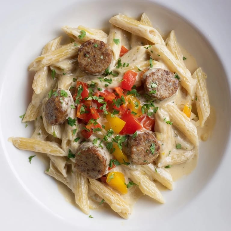 Close-up of a warm Smoked Sausage Cajun Alfredo; perfectly cooked penne and spicy sausage are visible.