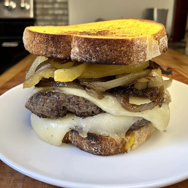 This warm patty melt skillet features caramelized onions, beef, and cheese, ready to be enjoyed!
