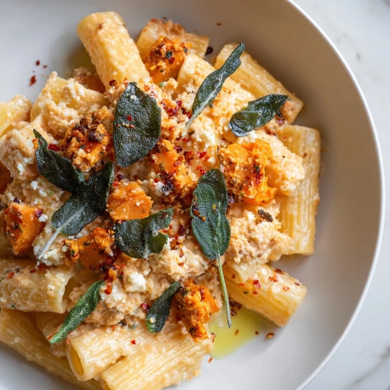 Deliciously creamy Viral Sweet Potato Goat Cheese Sage pasta, garnished with parmesan and crispy sage leaves.