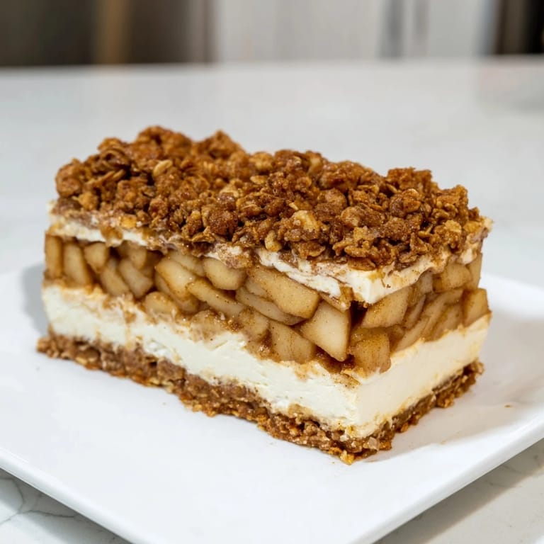 Delectable square slices of Apple Crisp Cheesecake Bars, perfectly chilled, ready to be served and enjoyed.