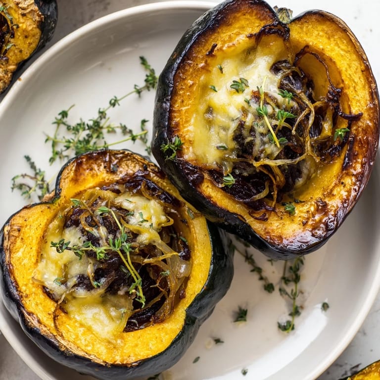 Savory Caramelized Onion Gruyere Squash, with tender roasted squash and sweet caramelized onions making a hearty meal.