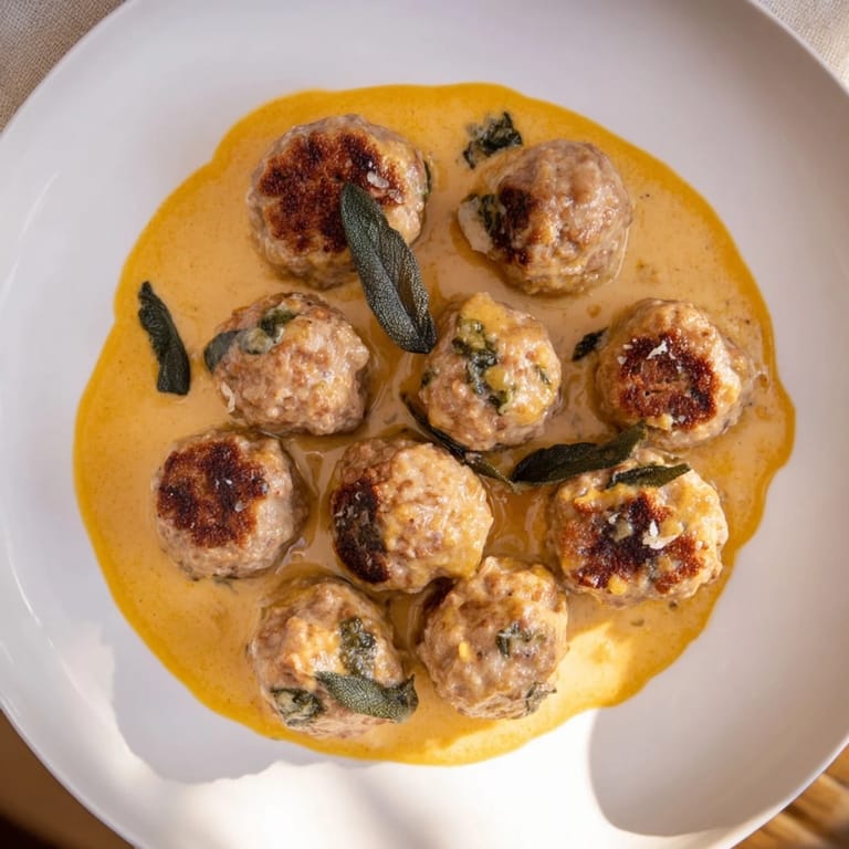 A close-up of tender Easy Turkey Meatballs nestled in a rich pumpkin sage sauce.