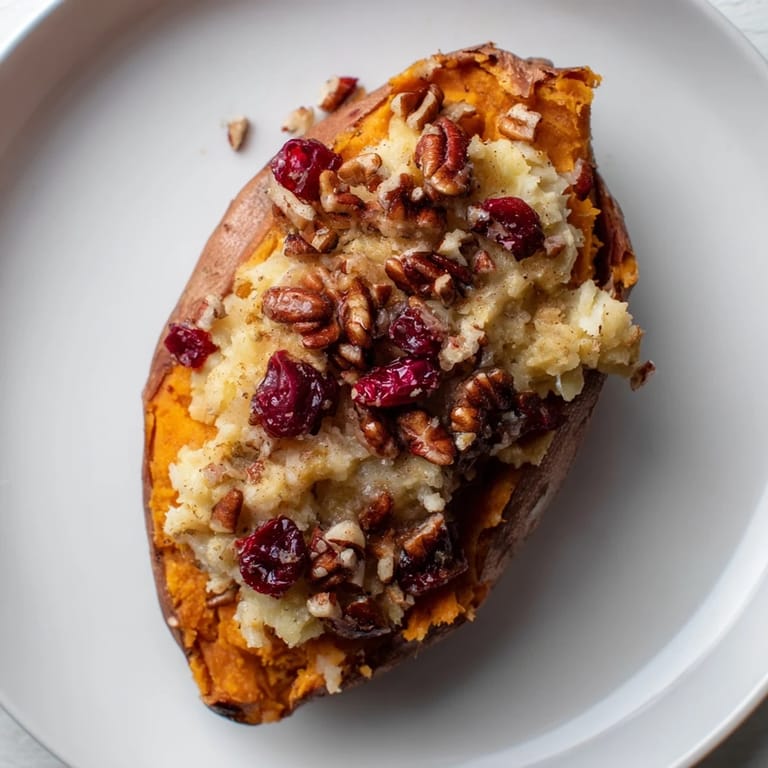 Savory and sweet Cranberry Apple Twice-Baked Sweet Potatoes, a comforting American vegetarian recipe to savor.