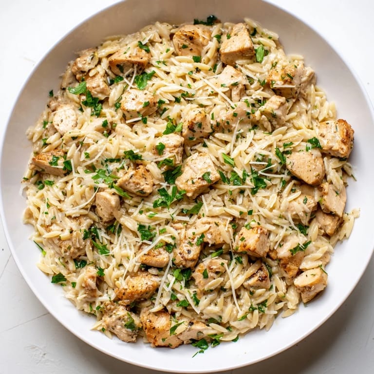 Garnish this One-Pot Cajun Chicken Alfredo Orzo with fresh parsley; a comforting weeknight delight.
