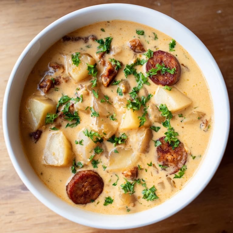 A close-up view of creamy chorizo potato soup, the perfect comforting meal on a cold evening.