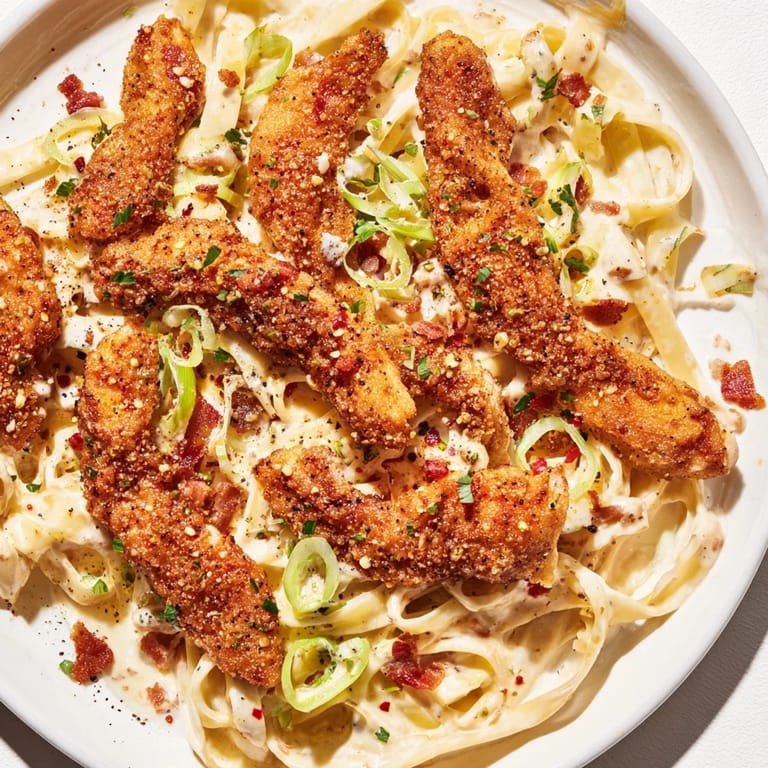 This creamy Southern Style Creamy Parmesan Chicken Pasta presents tender chicken atop a flavorful pasta dish.