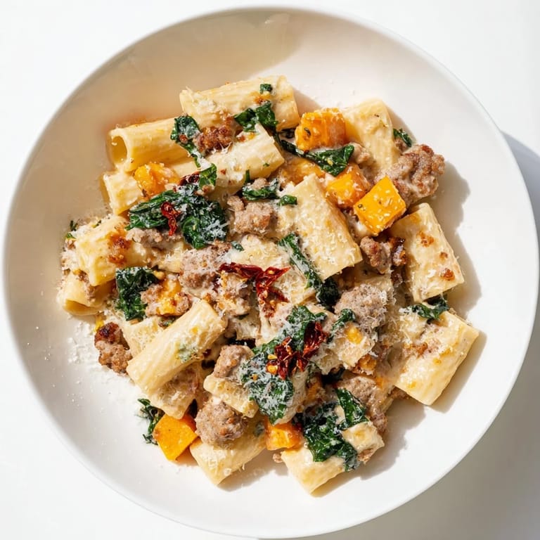 This vibrant photo shows a delicious bowl of creamy rigatoni with butternut squash, perfect for dinner.