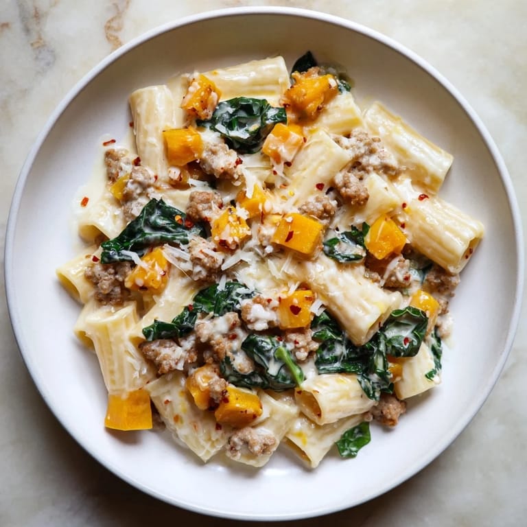 Enjoy a steaming plate of creamy rigatoni with butternut squash; a savory sausage and pasta delight.
