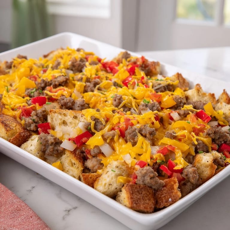 A close-up of a warm Lightning-Fast Breakfast Sausage Casserole, loaded with cheese, peppers, and sausage.