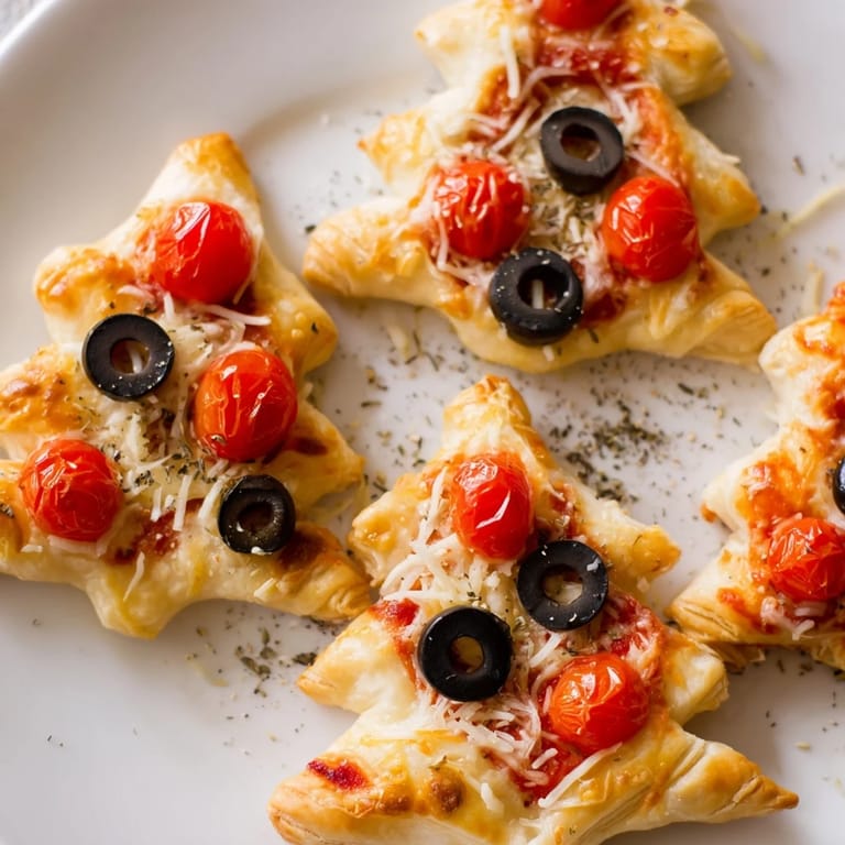 Enjoy a close-up image of flaky Puff Pastry Christmas Tree Pizza Bites with vibrant toppings and olive accents.