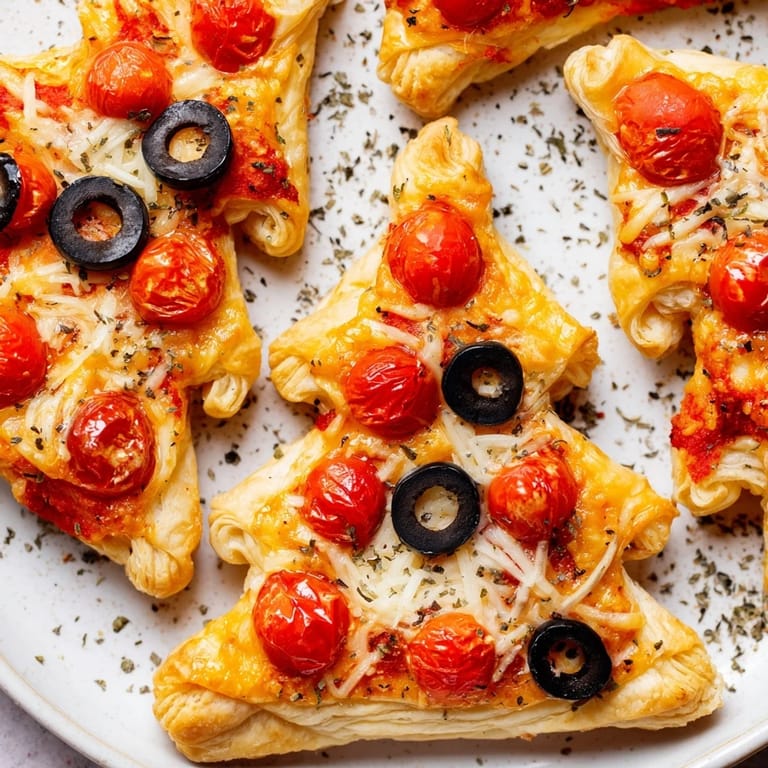 Freshly baked Puff Pastry Christmas Tree Pizza Bites are filled with melted cheese, perfect for a party appetizer.