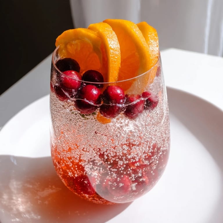 Close-up of a sparkling snow globe mocktail, revealing bright frozen cranberries and citrus slices.
