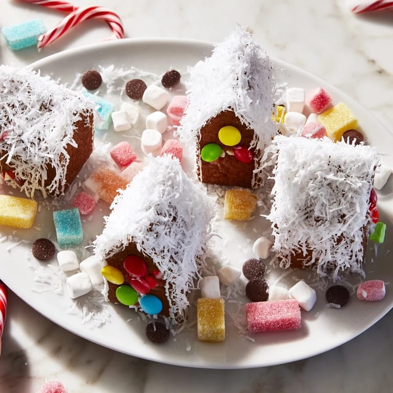 This gingerbread house board displays an assortment of mini houses, candies, and icing, perfect for a cozy holiday gathering.