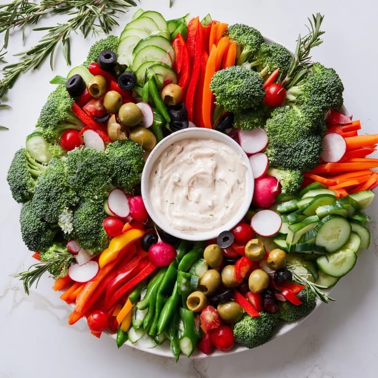 Fresh, colorful vegetables artfully arranged in a wreath – a tasty Wreath Veggie Dip Platter for your party.