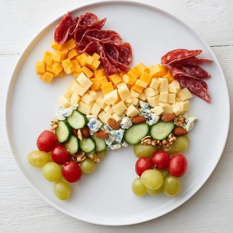 This vibrant horse-shaped grazing board recipe features savory meats, juicy grapes, and an assortment of tasty bites.