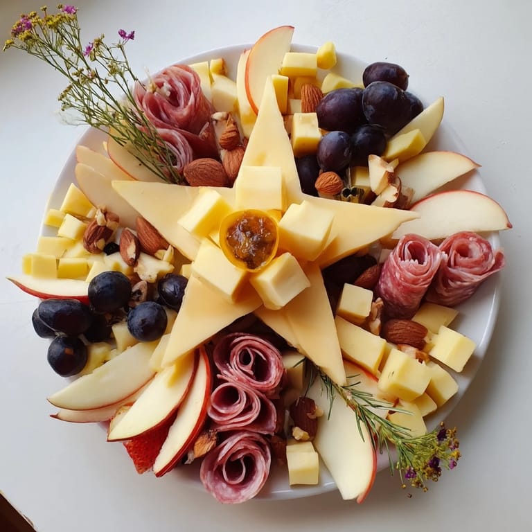 Vibrant star-shaped appetizer board showcasing assorted cheeses, salami, and grapes, ready for sharing and enjoyment.