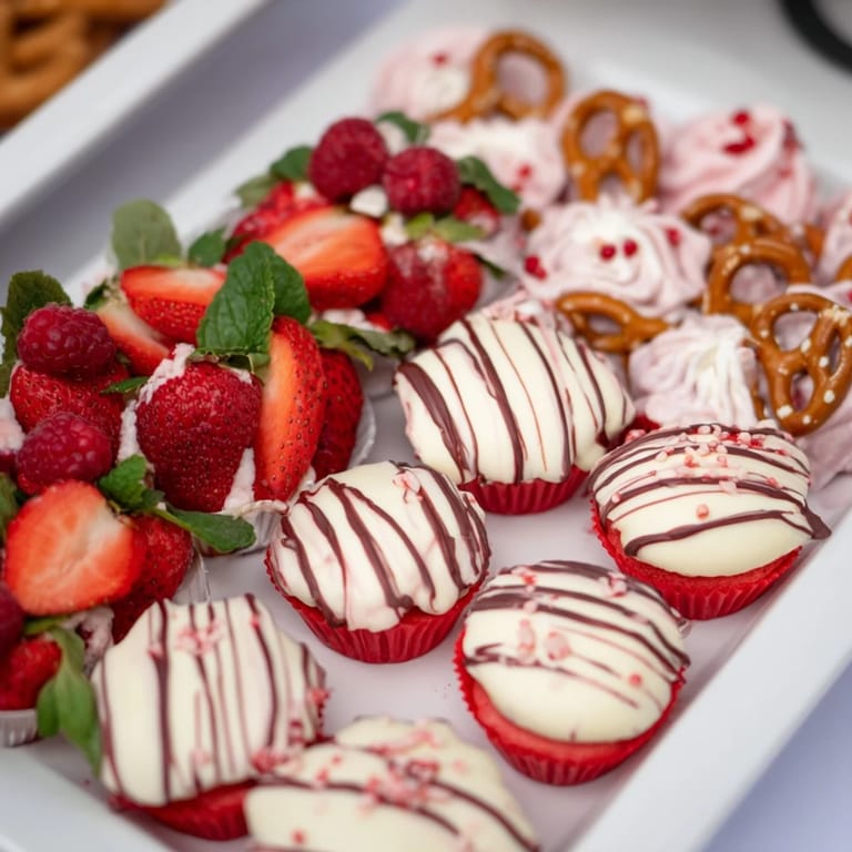 Delicious candy cane striped platter, overflowing with fresh berries and sweet candies, perfect for sharing.