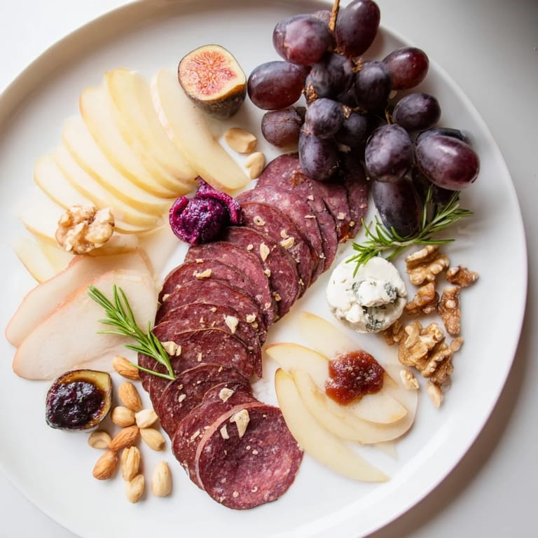 Eye-catching close-up of a Majestic Venison Charcuterie Platter, ready for a gathering, full of delicious tastes.